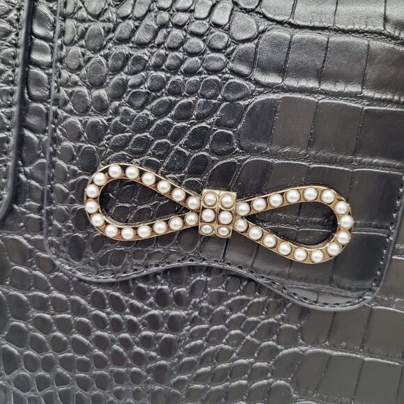 Betsey Johnson Black Satchel Crocodile Print Handbag Purse w/ Scarf Two Handle - Picture 7 of 11